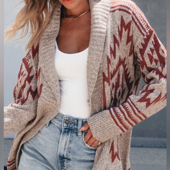 Western Aztec Tribal Print Grey Long Cardigan Sweater New Belted Cotton Coat - Picture 2 of 8